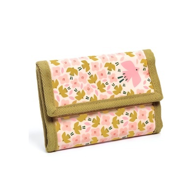 Carteira rosa com padrão floral e bordas verdes