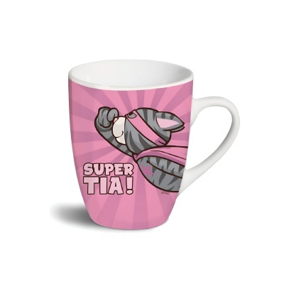 Caneca cor-de-rosa com ilustração de mulher gato e texto SUPER TIA!