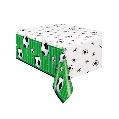 Toalha de mesa de plástico estampada com bolas de futebol e padrão de campo verde