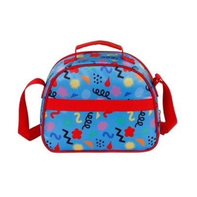 Mochila infantil azul com padrão colorido e alças vermelhas