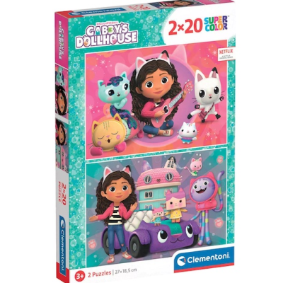 Caixa de puzzles da série Gabby's Dollhouse com personagens e cores vibrantes