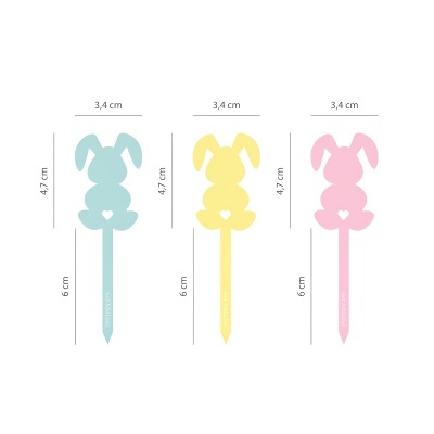 Marcadores de jardim em forma de coelho azul, amarelo e rosa com dimensões e parte para inserir no solo
