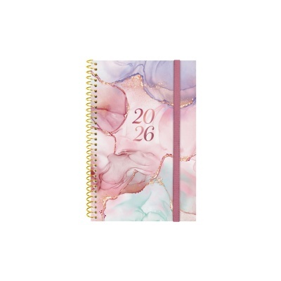 Agenda 2026 com capa decorada em tons pastel e elástico violeta