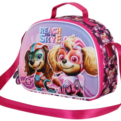 Bolsa infantil rosa e lilás com desenhos de personagens e texto REACH FOR THE SKYE