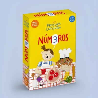 Caixa amarela de jogo de tabuleiro com crianças e texto NÚM3ROS