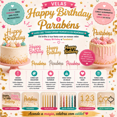Velas para bolos de aniversário em várias cores e formatos, incluindo texto Happy Birthday e Parabéns em dourado, rosa, preto e prateado, apresentadas em bolos decorados.