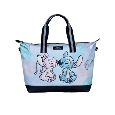 Mala tote bag com estampa azul e rosa de personagens Stitch e duas alças pretas e brancas