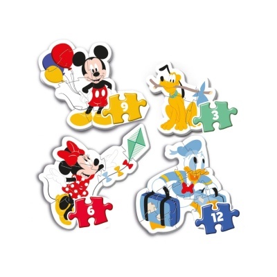 Puzzles Disney de Mickey, Minnie, Pluto e Donald com peças numeradas destacadas