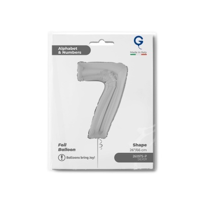 Balão de folha metálica prateado em forma de número 7 em embalagem branca
