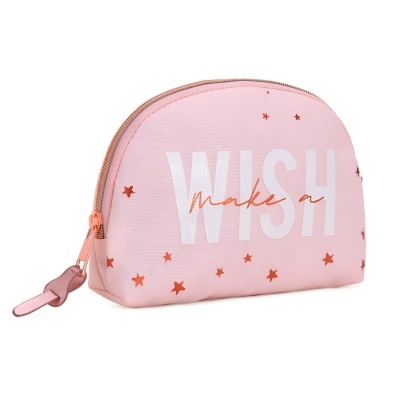 Bolsa de maquilhagem cor-de-rosa com estrelas vermelhas e texto WISH
