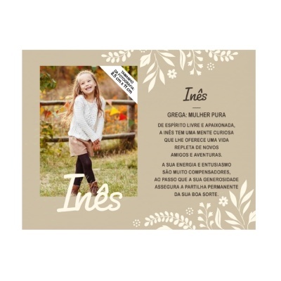 Cartão decorativo com foto de menina e texto sobre Inês