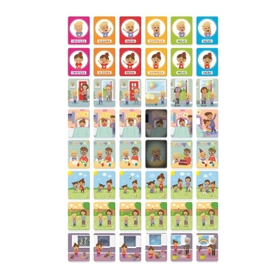 Cartas coloridas ilustrando emoções e situações para crianças com textos em espanhol