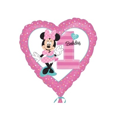 Balão coração cor-de-rosa com Minnie Mouse e número 1 '1st Birthday'