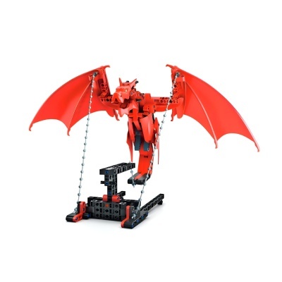 Dragão robótico vermelho com asas grandes numa base preta modular