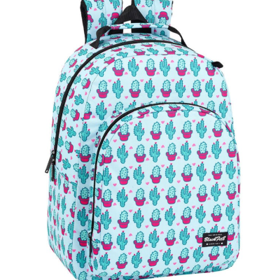 Mochila azul com padrão de cactos rosa e azul