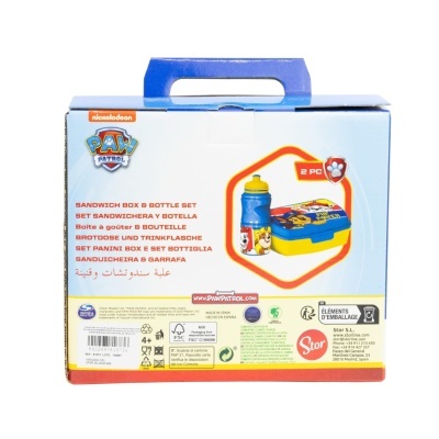 Caixa azul e branca com conjunto infantil Paw Patrol de caixa de sanduíche e garrafa