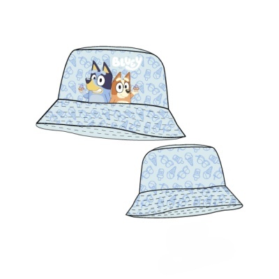 Chapéu tipo pescador azul claro com padrão de garrafas e sorvetes e ilustração de dois cães