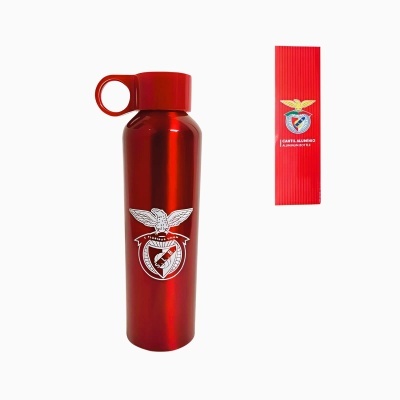 Garrafa desportiva metálica vermelha com emblema SL Benfica e caixa vermelha associada