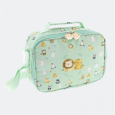 Bolsa verde água com padrão de animais de desenho animado e fechos em forma de flor