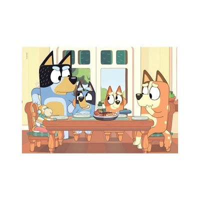 Cena animada de cães sentados à mesa numa cozinha com comida