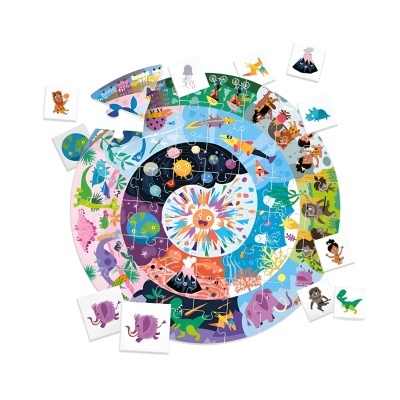 Puzzle redondo colorido com ilustrações de animais e peça soltas