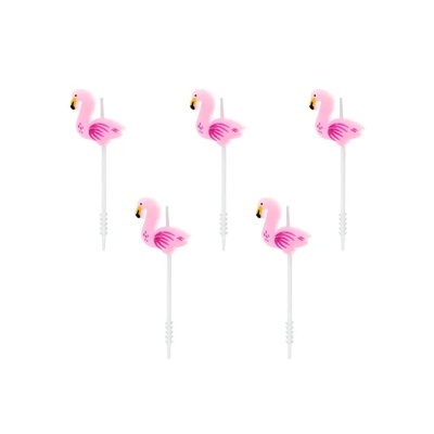 Espetos decorativos com flamingos rosas sobre fundo branco