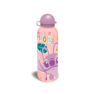 Garrafa metálica com tampa lilás e decoração colorida com personagem e texto 'Aloha'