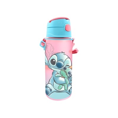 Garrafa de bebida infantil com tampa azul e suporte rosa com desenho de Stitch