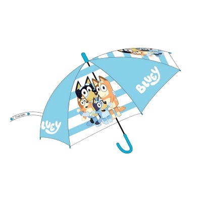 Guarda-chuva azul infantil com personagens do desenho Bluey e texto 'Bluey'
