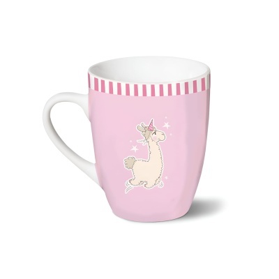 Caneca cor-de-rosa com desenho de lhama unicórnio e borda riscada