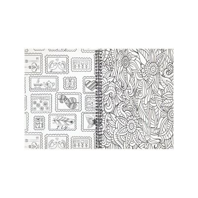 Livro de colorir em espiral com desenhos de flores e carimbos