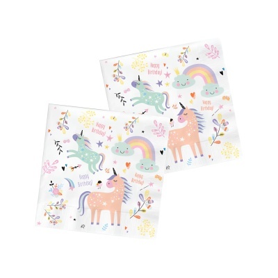 Guardanapos com desenhos de unicórnios, arco-íris e texto Happy birthday