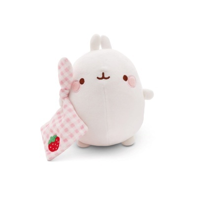 Pelúcia de coelho branco com pano xadrez rosa e branco e morango bordado