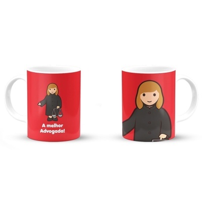 Caneca branca com exterior vermelho e ilustração de advogada com texto 