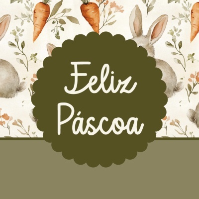 Feliz Páscoa com coelhos, cenouras e flores em fundo decorativo