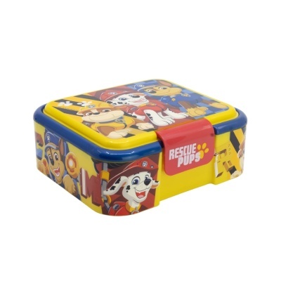 Estojo quadrado amarelo com tampa azul e decoração de cães de desenho animado