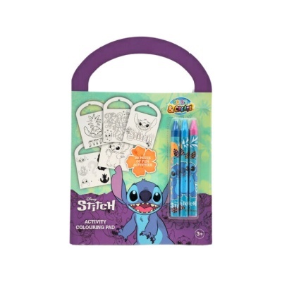Bloco de atividades para colorir Disney Stitch com canetas coloridas e pega roxa
