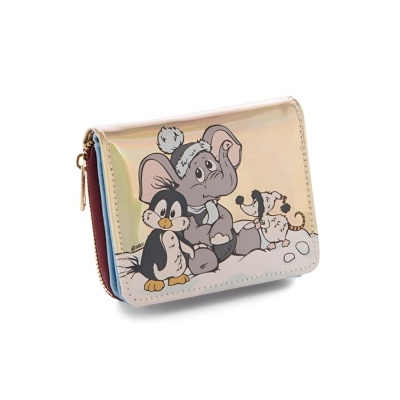 Carteira metálica pequena com desenho de pinguim, elefante e cão cartoon
