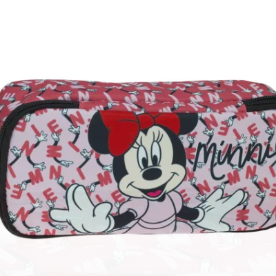 Estojo Minnie Mouse em tecido rosa com padrão de letras e laços vermelhos