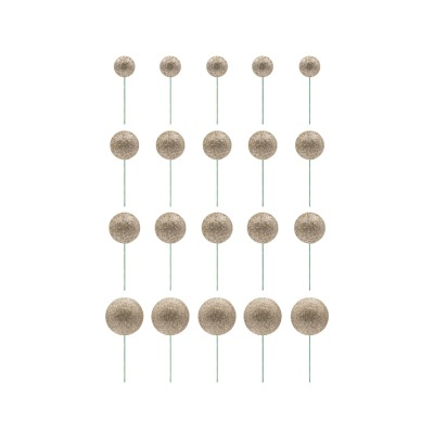 Esferas douradas decorativas em hastes verdes com glitter