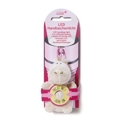 Chaveiro LED em forma de animal peluche branco e dourado com botão de luz amarelo em embalagem rosa