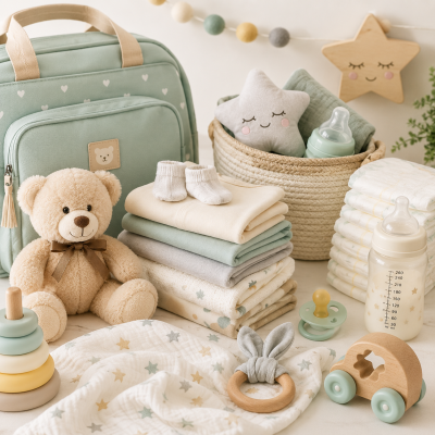 Conjunto de produtos para bebé com mochila verde, ursinho de peluche, fraldas, biberões, brinquedos de madeira e mantas.