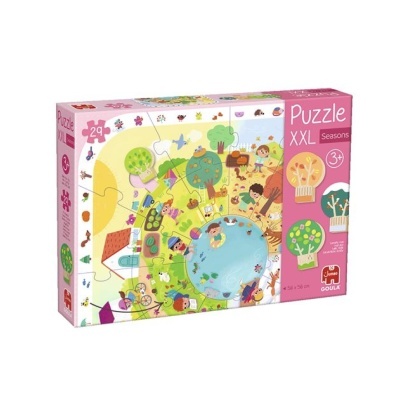 Caixa de puzzle XXL Seasons para crianças, 29 peças, embalagem rosa e ilustração colorida