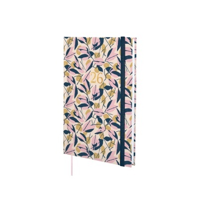 Caderno capa dura floral rosa azul amarelo com número 26 e elástico preto