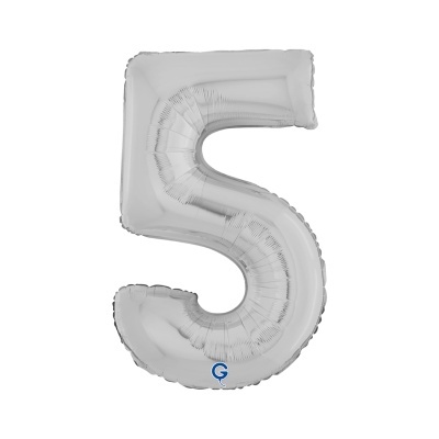 Balão metálico prateado em forma do número 5