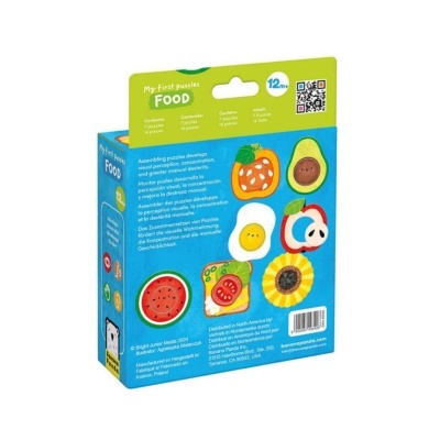 Embalagem de puzzle infantil com imagens coloridas de vários alimentos e texto em várias línguas