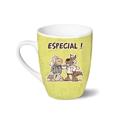 Caneca amarela com desenho de ovelhas e texto ESPECIAL !