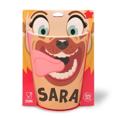 Embalagem para bebida reutilizável com desenho de cão e nome Sara