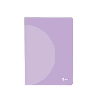 Caderno lilás com padrão de círculos e logotipo líder papel
