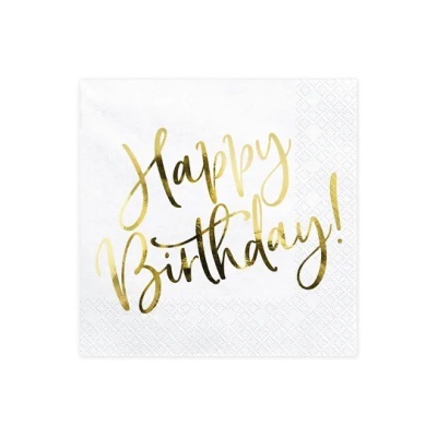 Guardanapo branco com texto dourado Happy Birthday!